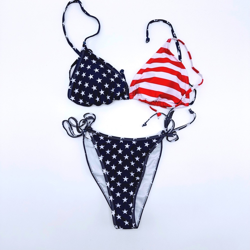 Patriotic American Flag Triangle Bikini Set Stars Stripes Red White Blue L